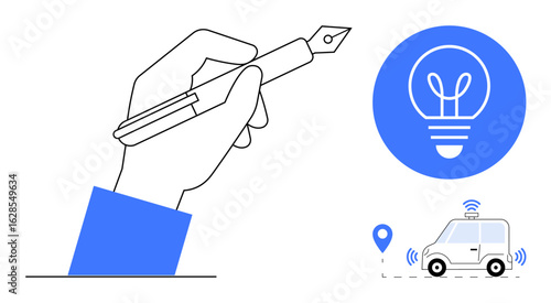 Hand holding a pen for creativity, bulb icon for innovation, and self-driving car for technology. Ideal for creativity, innovation, technology, education, automation, transportation simple landing