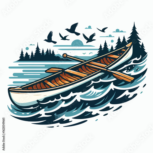 Stylized graphic of a canoe moving through choppy water, amidst a serene forest scene.  Birds fly overhead against a sunrise/sunset sky.