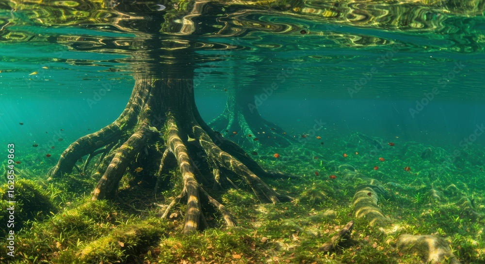 Fototapeta premium Mystical Sunken Forest with Ancient Tree Roots in Sunlit Turquoise Water