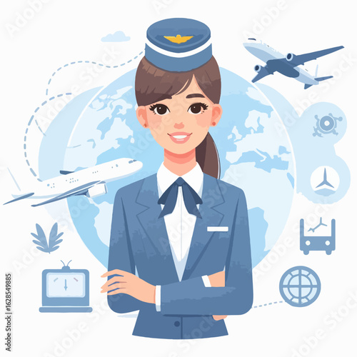 Friendly flight attendant stands in front of a graphic global travel concept.  Various travel-related icons surround her.