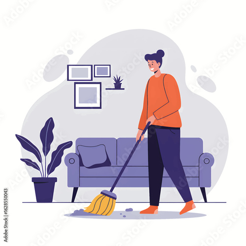 Illustration of a Woman Sweeping the Floor at Home