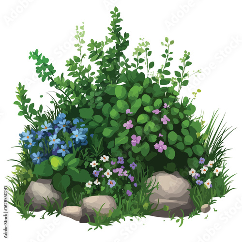 Lush Greenery and Small Colorful Shrubs