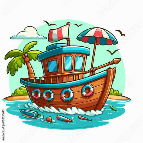 Vibrant, cartoon-style depiction of a charming wooden boat sailing on the ocean, near a tropical island, perfect for children's book illustrations or similar projects.