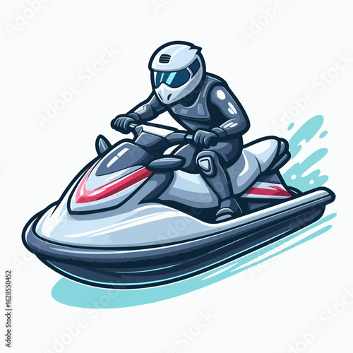 Cartoon depiction of a person operating a jet ski in motion, highlighted with vibrant colors.