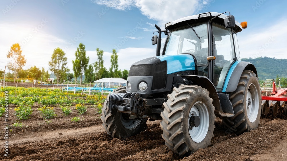 Obraz premium A blue tractor works diligently to plow a rich field as the sun sets in spring, highlighting the vibrant landscape