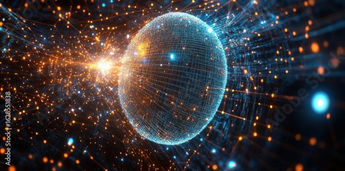Sphere of Glowing dots connect in abstract network and artificial intelligence