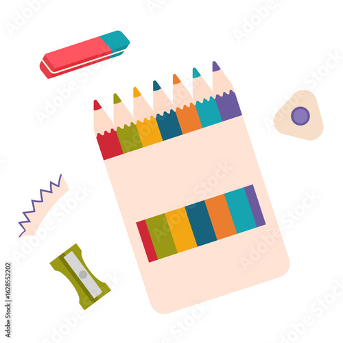 Colored pencils, sharpener, erasers. School supplies. Vector illustration isolated on white background for study, school, university. Back to school concept.