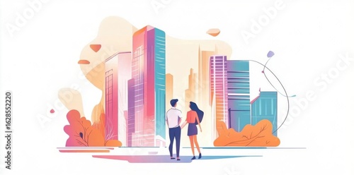 Couple Enjoying View Of The City Skyline At Sunset, Illustrative And Dreamy