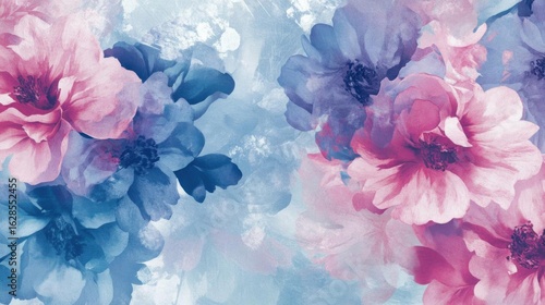 Floral Artwork, Beautiful Bloom With Pink and Blue Watercolors and Artful Style