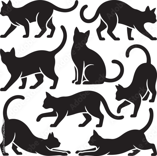A versatile collection of black cat silhouettes in various dynamic poses. Set of feline vector icons for graphic design.