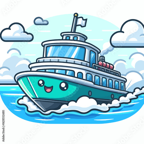 Cheerful, cartoonish depiction of a ferry boat gliding across a body of water, featuring expressive eyes and a smiling face.