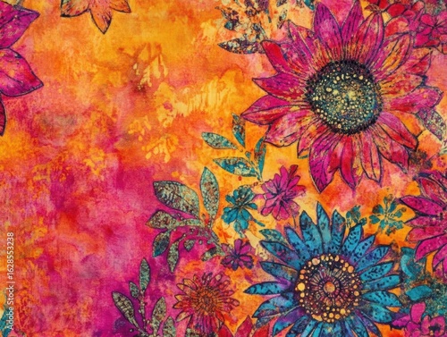Vibrant Sunflowers and Exotic Blooms Flourish on a Warm, Textured Background, Creating a Lively and Colorful Floral Tapestry; A Kaleidoscope of Autumn Hues Evokes Feelings of Joy and Warmth.