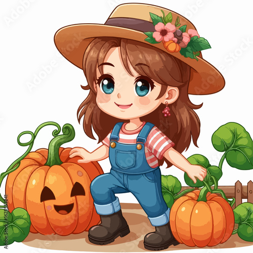 Cheerful cartoon girl in overalls and a straw hat, happily holding pumpkins in a garden setting.