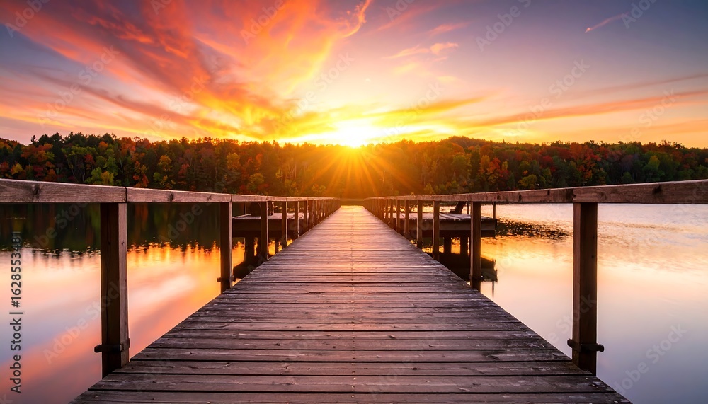 Fototapeta premium Wooden dock at sunset over lake