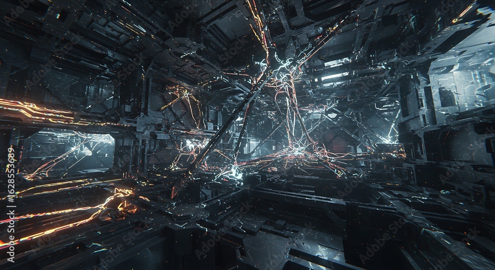 Fototapeta premium Intricate network of glowing wires and metallic structures within a futuristic, cavernous space.