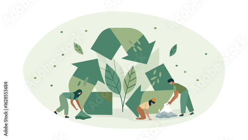 People collecting waste near a recycling symbol with leaves and dots in a light green oval shape design