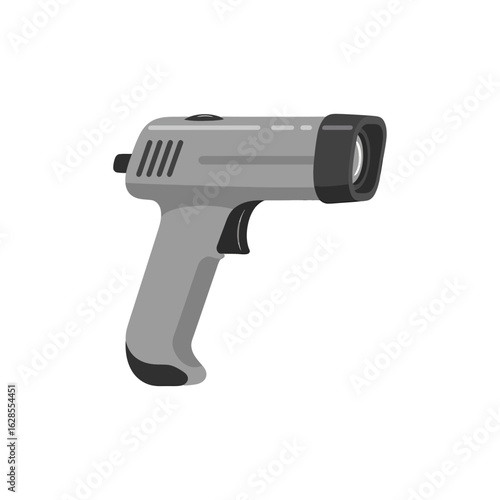 Gray digital thermometer gun points forward on a white backdrop in a minimalist style, ideal for healthcare, safety, and preventative measures marketing materials.