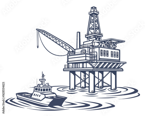 Infographic of offshore oil and gas services, featuring a drilling rig being moved by a platform supply vessel boat, with a top view vector illustration of the ocean and oil industry.