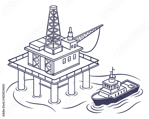 Top view cartoon vector of offshore oil and gas rig being towed by a supply vessel, depicting the oil industry’s offshore services in an isolated infographic style.
