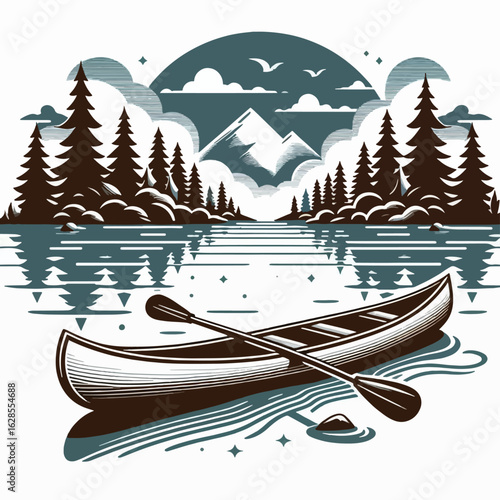 Stylized illustration depicts a tranquil lake scene, featuring a canoe with paddles, nestled amidst a forest backdrop and a mountain range, with a serene sky.