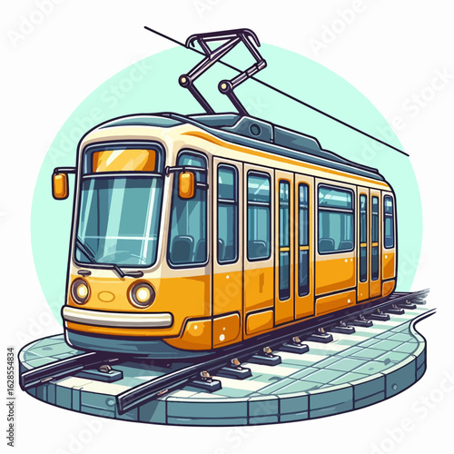 Vibrant, cartoon-style depiction of a streetcar, set against a pastel-colored background, situated on a platform with railway tracks.  The drawing is detailed, showcasing the vehicle's structure.