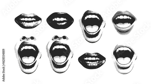 Diverse Lip Expressions in Black and White Halftone: A Visual Representation of Emotions, Communication, and Vocalization Through Stylized Mouth Art
