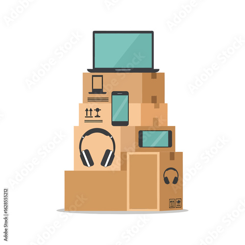 A pile of stacked brown cardboard boxes containing electronics like a laptop, tablet, phone, headphones and game controller on a white backdrop.
