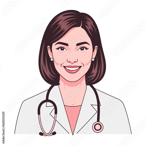 Smiling woman wearing white doctor's coat with stethoscope looks cheerful and confident in a close up shot with bright lighting, ideal for healthcare and medical themed visual content.