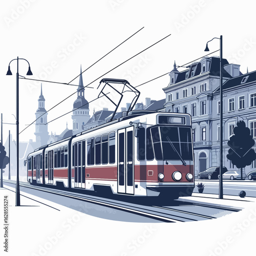 Stylized illustration of a tram moving through a European-style city street.  Buildings and trees are depicted in a graphic, vintage-inspired design.