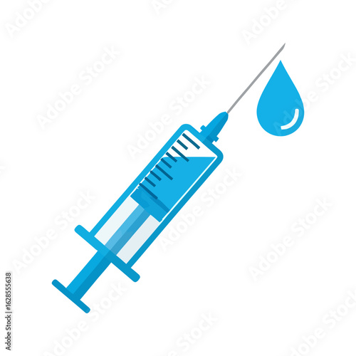 Blue syringe shows a clear droplet at the tip of the needle, presented against a clean white backdrop for medical or health related designs and marketing materials.