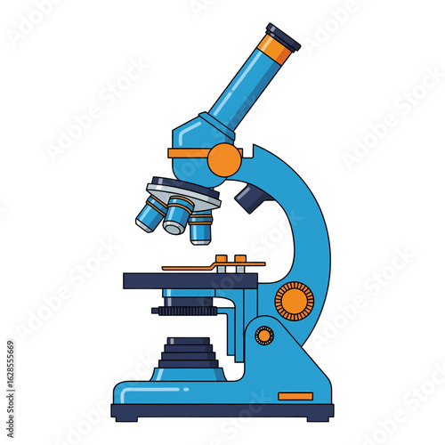 Blue and orange microscope illustration stands against a white background, conveying a clean, scientific aesthetic suitable for educational or research themed designs and materials.
