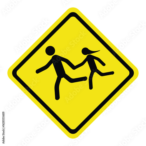 Yellow diamond-shaped road sign featuring a black silhouette of two figures, one larger and one smaller, holding hands and appearing to run. 
