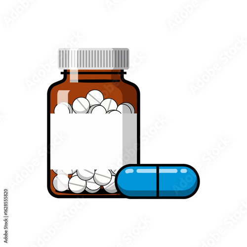 Brown bottle containing white round pills and a separate blue capsule are displayed against a white background, creating a clean and informative illustration for healthcare or pharmaceutical themes.