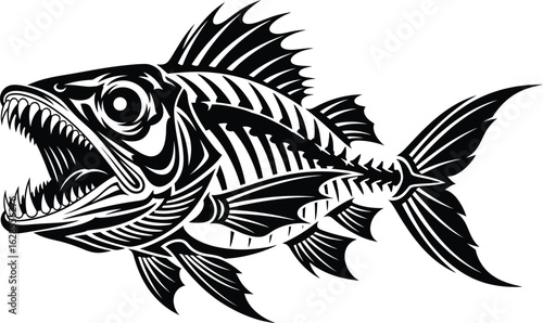 Fierce piranha fish with sharp teeth and spiky fins silhouette