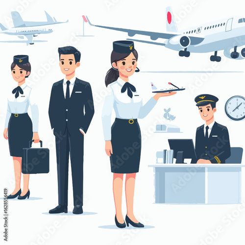 Cartoon-style illustration of airport personnel, including pilots and flight attendants, in a flat design,  with airplane and office elements.