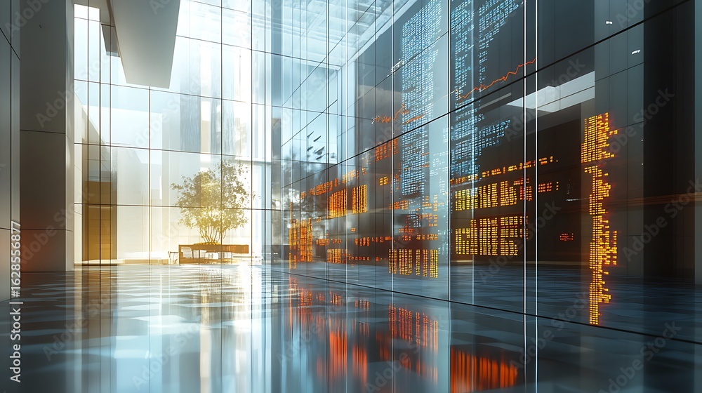 custom made wallpaper toronto digitalModern office lobby with glass walls and financial data display shown