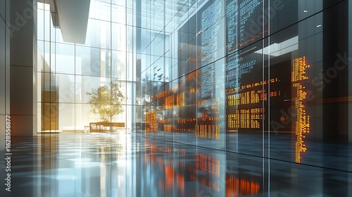 Wallpaper Mural Modern office lobby with glass walls and financial data display shown Torontodigital.ca