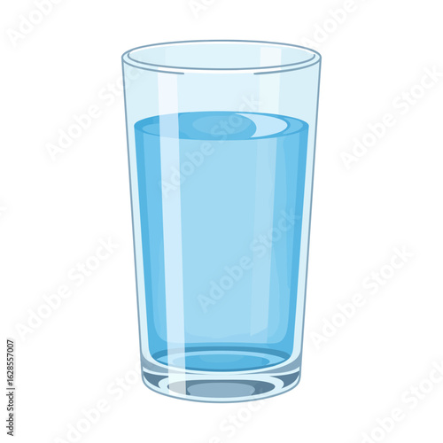 A clear glass holds refreshing light blue water, centered on a clean white background, conveying simplicity and hydration, suitable for health and wellness advertising.