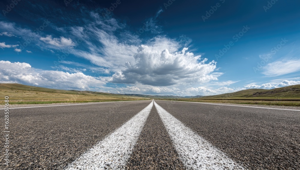 Naklejka premium Empty asphalt road stretching into a vast, sunny landscape under a partly cloudy sky. Two white lines mark the center of the road