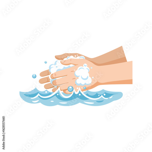 Two hands are shown washing with white soapy foam above light blue water in a clean, illustrative style, ideal for hygiene or healthcare related promotions.
