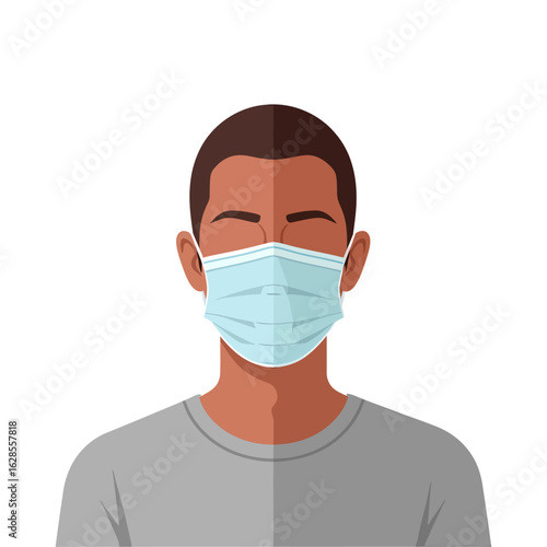 Dark skinned man with short hair is wearing a light blue surgical face mask and gray shirt, presented against a clean white background, ideal for healthcare and safety campaigns.