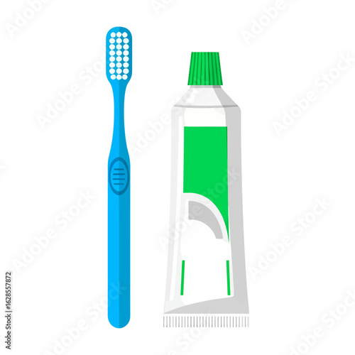 Blue toothbrush rests next to a tube of white toothpaste with a green stripe on a seamless white background, perfect for health, dental, and hygiene related marketing materials.