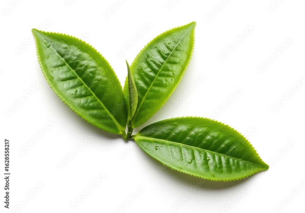 Obraz premium Three vibrant green tea leaves with water droplets on white fresh natural