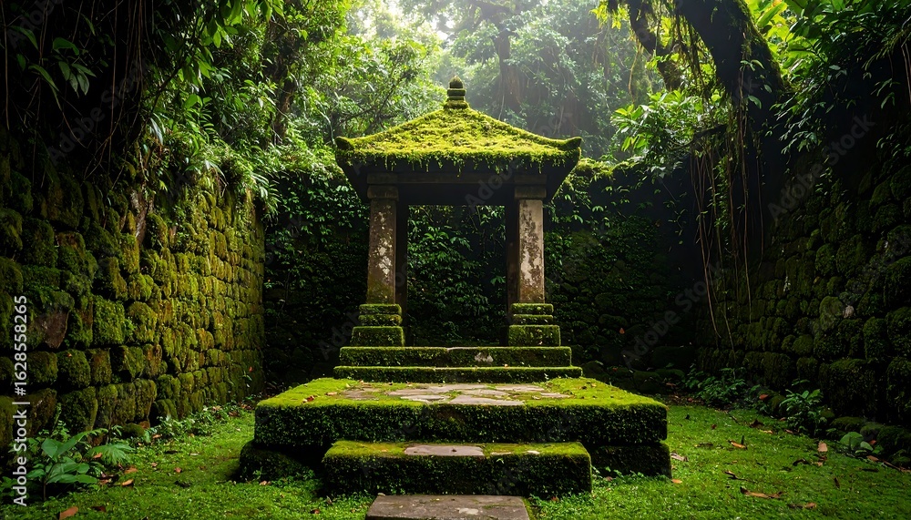 Obraz premium Moss Covered Structure in Lush Greenery Setting