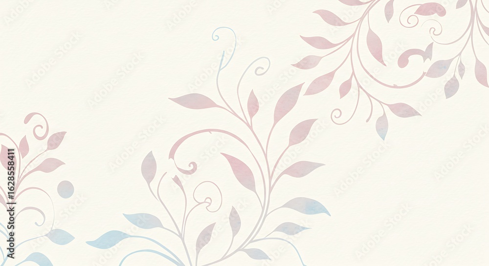 Delicate floral pattern with swirling vines and leaves in pastel hues against a soft cream background. Delicate floral pattern with swirling vines and leaves in pastel hues against a soft cream background.