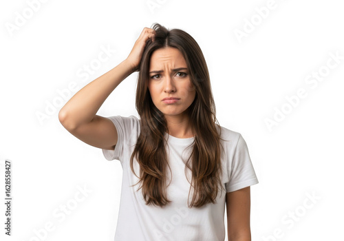 Confused woman scratching head portrait isolated on transparent background