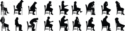 Seated human silhouettes, various sitting postures, ergonomic positions, body language, chair poses, gesture study, posture reference, vector illustration set