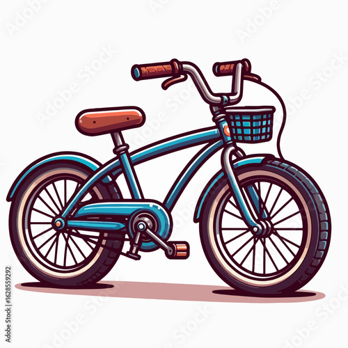 Vibrant graphic rendering of a child's bicycle, featuring a basket, in a playful, cartoonish style.  The bicycle is depicted from a side view.