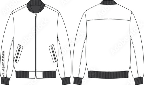 Zip-up jacket technical sketch, front and back views, flap pockets, ribbed cuffs and collar, waistband detail, fashion template, garment illustration