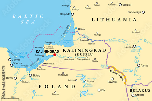 Kaliningrad and vicinity, political map. Kaliningrad Oblast, exclave and westernmost federal subject of Russia, on the Baltic Sea, between Lithuania and Poland. With strategic choke point Suwalki Gap.